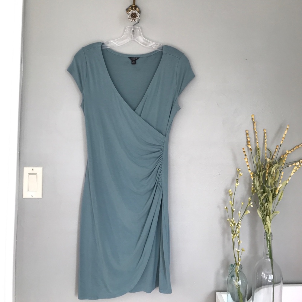 Ann Taylor Seafoam Green Faux-Wrap Cap Sleeve Dress